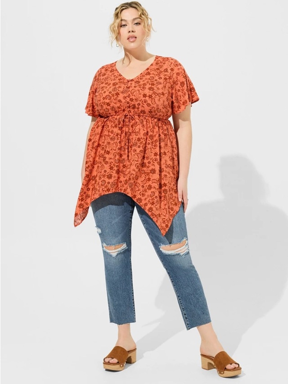 Torrid Chasi Babydoll Rust Floral Tie-Waist V-Neck Tunic Top - EUC